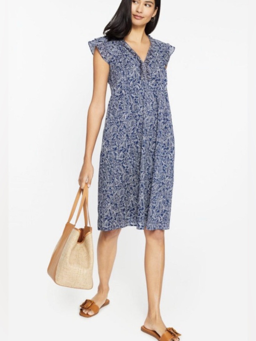J. Mclaughlin Ottilie Cap Sleeve Ruffle Dress S Babydoll Fringe Navy/White